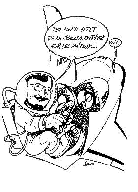 Caricature de Robert Provencher dans la navette spatiale, réalisant des tests sur des métaux
