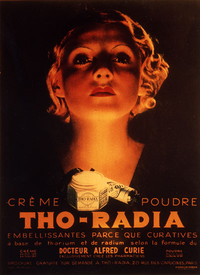 Publicité vantant les mérites d'une crème de beauté au thorium et au radium